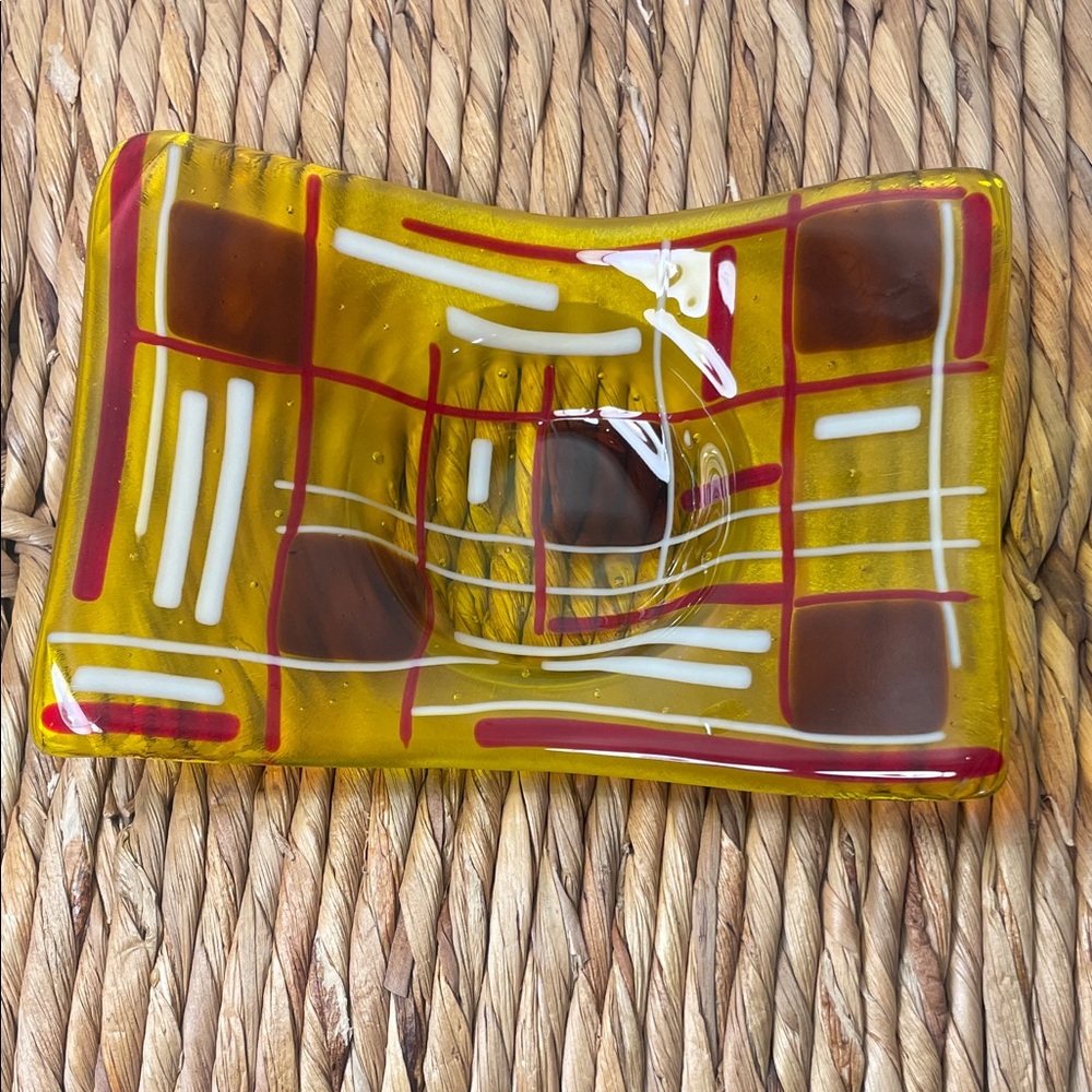 Signed SLV ’06 Fused Art Glass Dish Amber Red Studio Modern 8x5.5